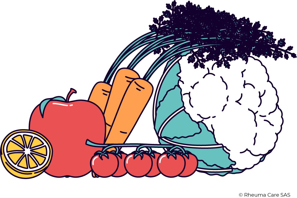 Fruits et légumes frais : pomme, agrumes, carottes, tomates, chou, persil